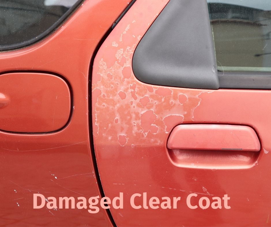 A red car with severely damaged clear coat to show what is looks like when polishing old car paint